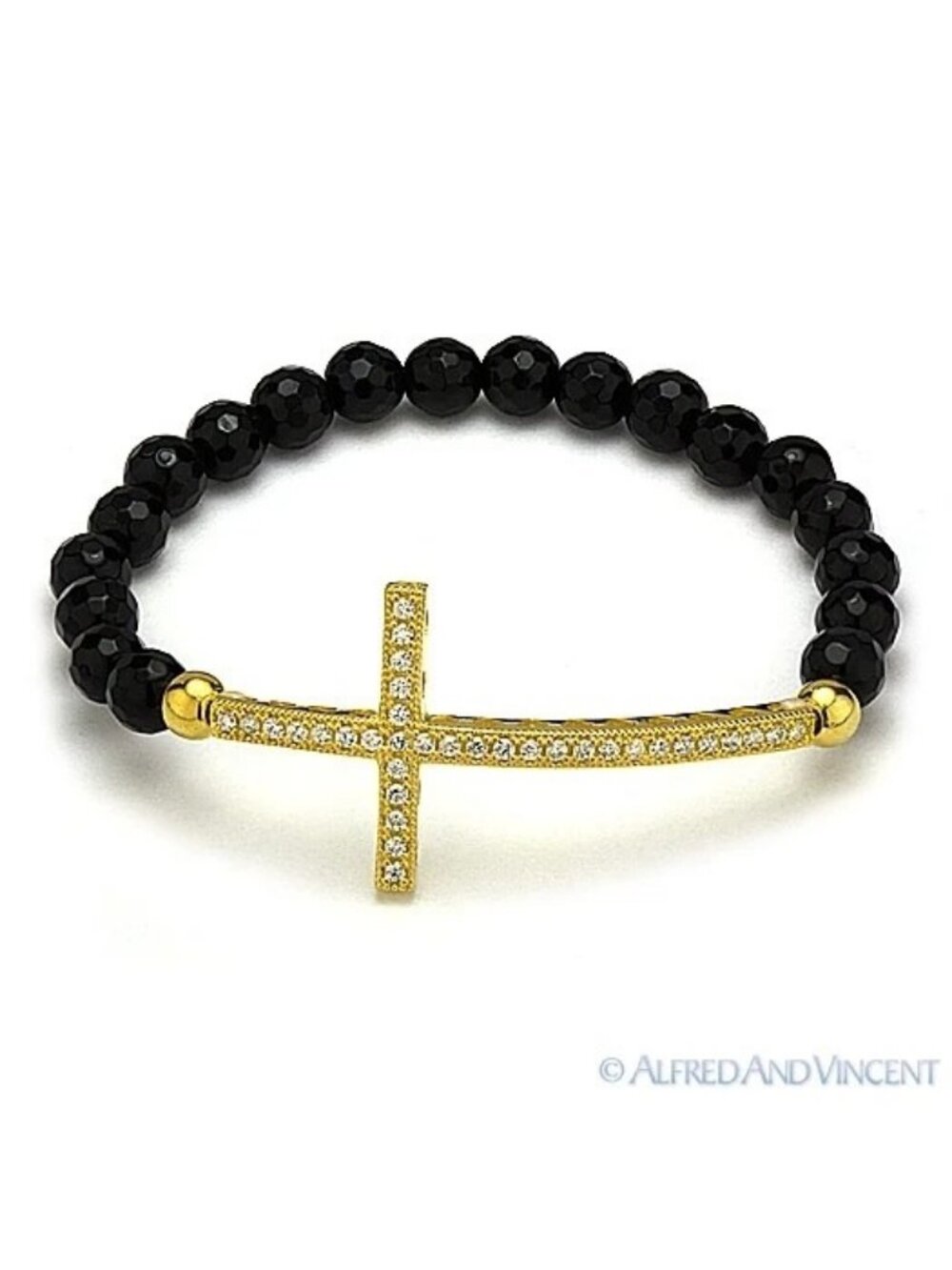 CZ Crystal Cross Charm in .925 Sterling Silver & Black Onyx Stretch Bracelet